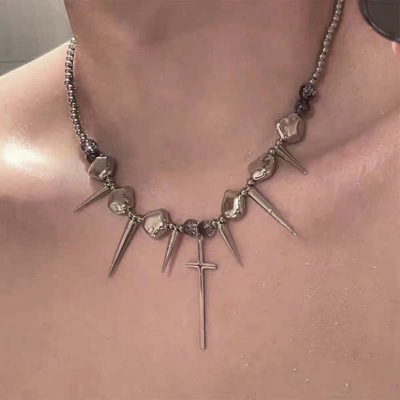 Punk Black Beads Rivet Choker Necklaces for Men Women Exaggerated Silver Color Metal Long Spike Tassel Necklaces Y2K Jewelry