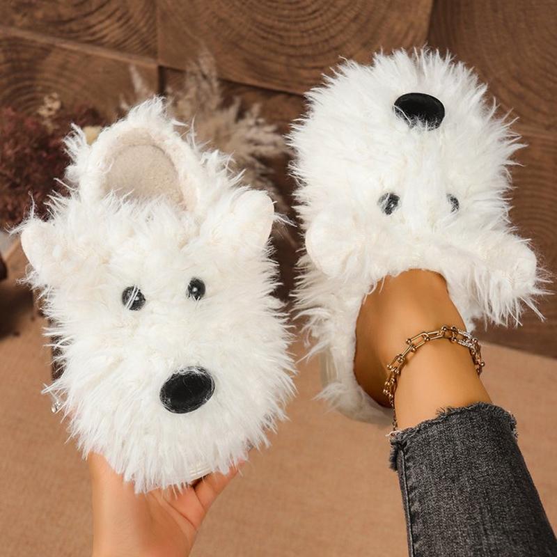 Fashion Cute Cartoon Dog Fur Slippers Women Soft Platform Furry Cotton Slippers Woman Winter Slip On Plush Warm Cotton Slides Female