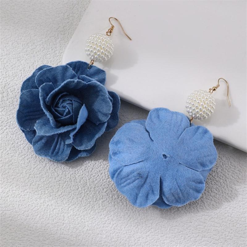 Floral Drop Earrings Lightweight Camellia Earrings Allergy Free Blue Flower Ear Pendants Handmade Denims Ornament