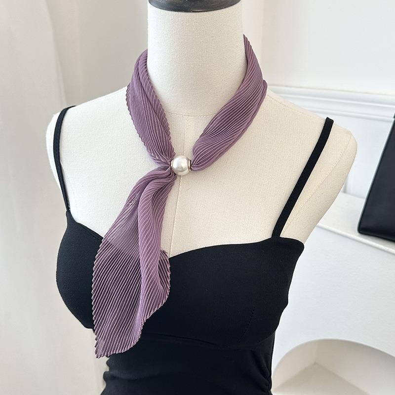 Pearl magnetic silk scarf high-end new versatile solid color pleated silk scarf with shirt neck protector scarf