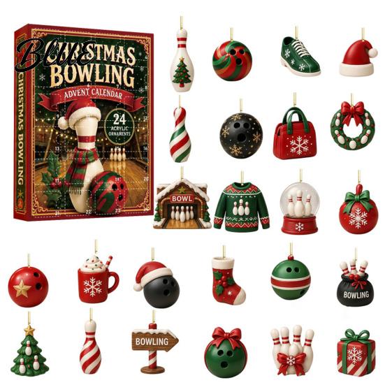 Bowling Christmas Advent Calendar with 24 Acrylic Pendants, 2D Flat Theme Decorative Pins Sweaters Ornaments Hanging for Holiday Tree Decorations And