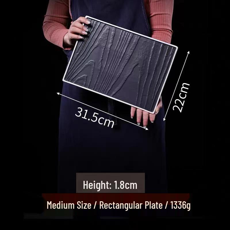 Matte Black Ceramic Wood Grain Plate for Steak, Barbecue, Snacks, and Desserts