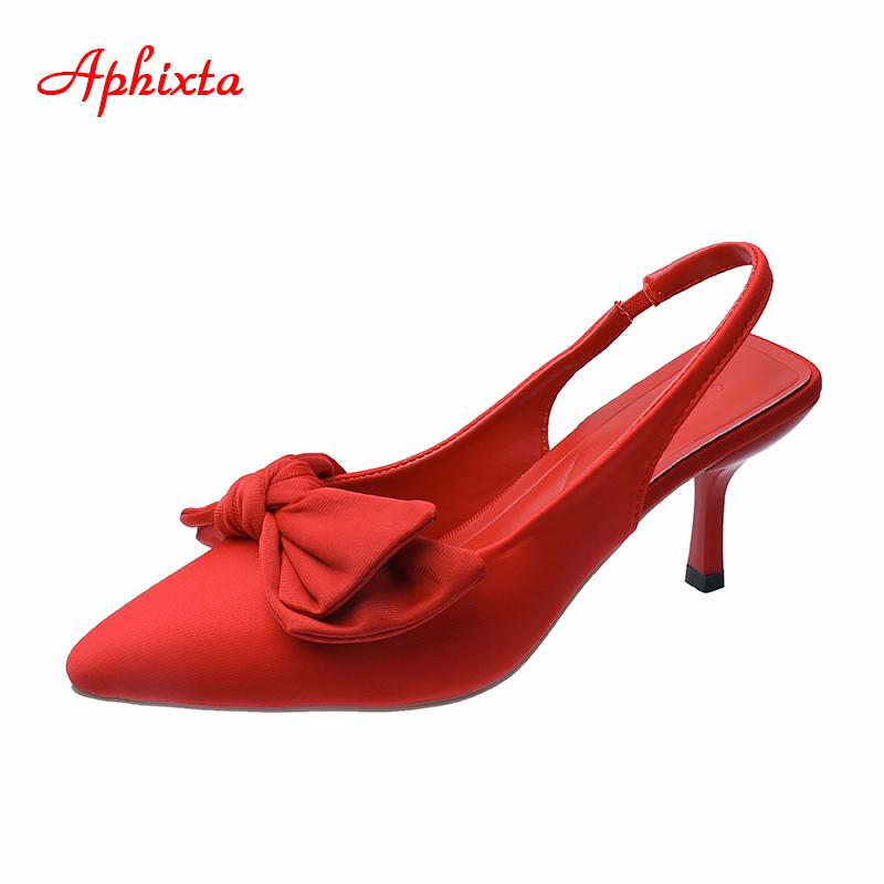 Aphixta 7cm Thin Heels Women Sandals Pointed Toe Purple Silk Butterfly-knot Ladies Modern Slides Shoes Plus Size 42