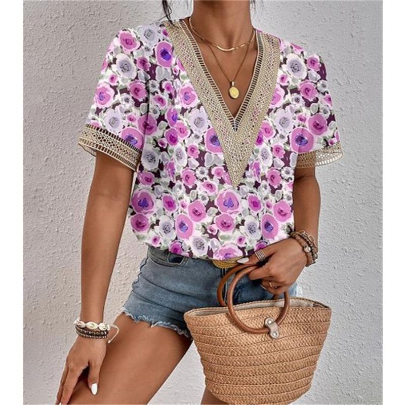 2Wish Women's Collar Lace Loose Top Commuter Short Sleeve Shirt Women's Style