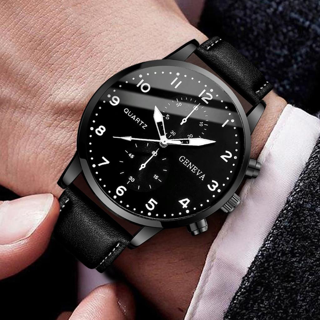 2 pezzi/set Orologio al Quarzo da Uomo alla Moda con Cinturino in Pelle & Semplice Braccialetto di Perline