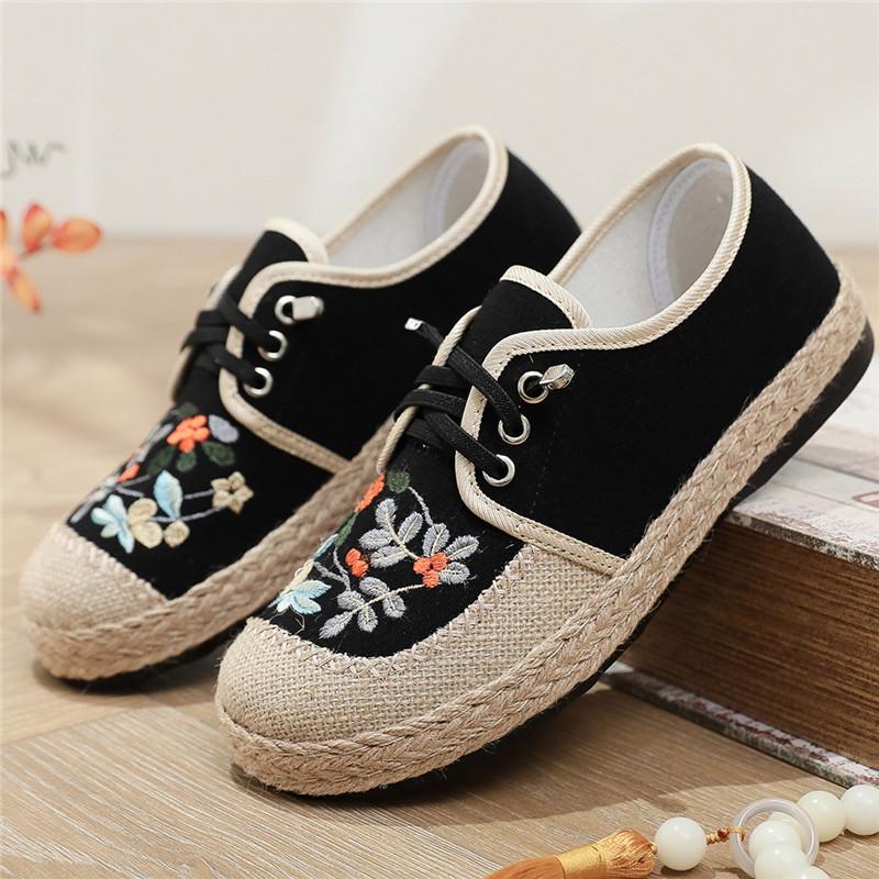 

Весенние и осенние женские туфли на плоской подошве с вышивкой в стиле ретро со шнуровкой и круглым носком, удобные женские туфли ручной работы из хлопка и льна 37