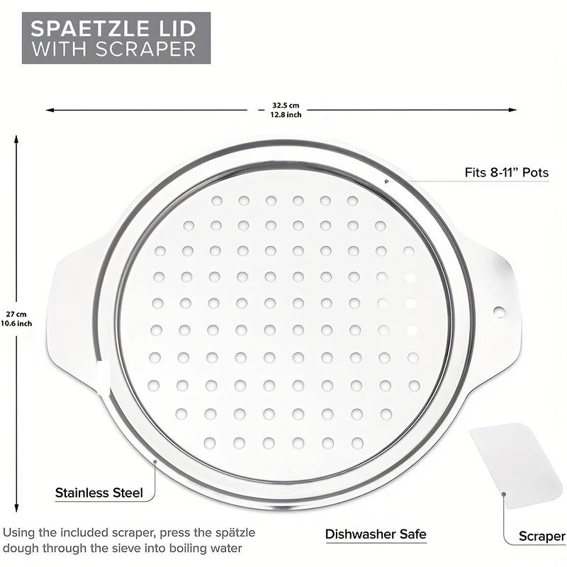 Stainless Steel Spaetzle Maker Lid with Scraper Traditional German Egg Noodle Maker Pan Pot Spaghetti Strainer