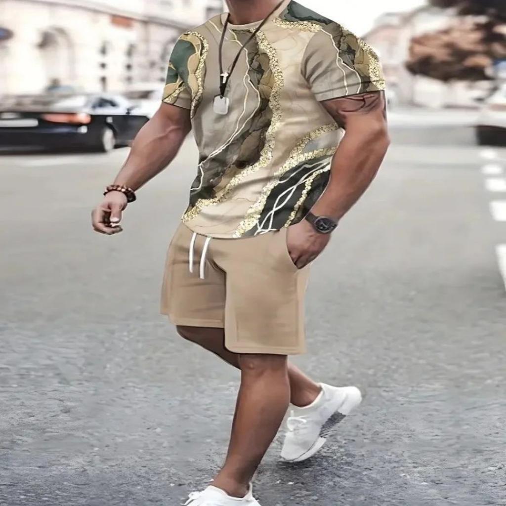 2025 Léto Jednoduchý potisk písmen Pánské tričko s kulatým výstřihem a krátkým rukávem a šortky Harajuku Street fashion pánské oblečení ležérní