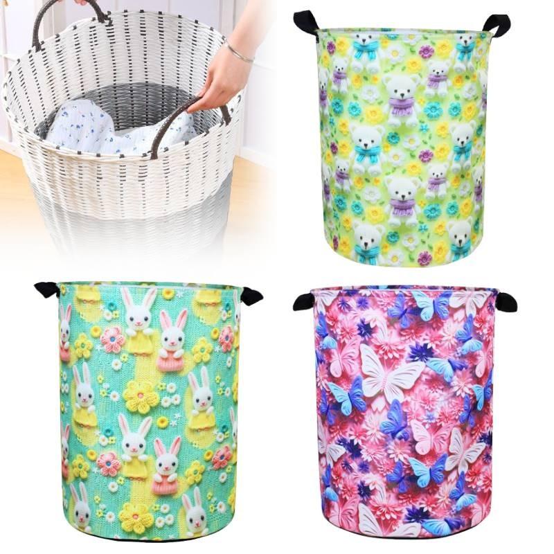 Butterfly Elephant Rabbit Bear Flower 3d Print Cylinder Clothes Basket Storage