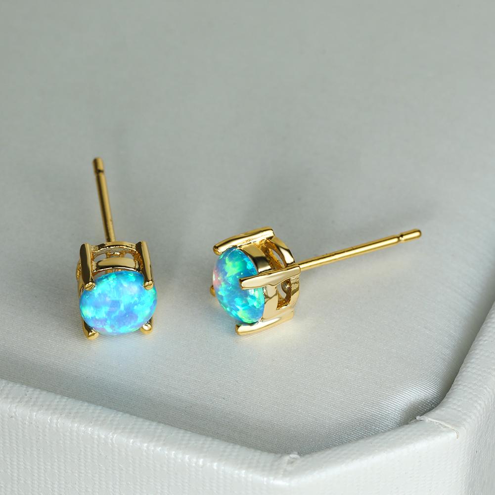 Cut Golden White Round Color Fire Opal Stud Earrings Wedding Jewelry Gift