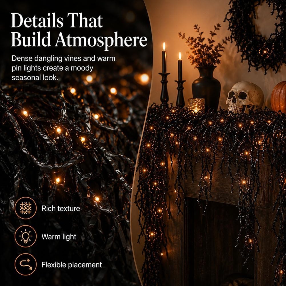Halloween Fireplace Decor Set with LED Lights Black Vine Garland for Mantel, Table, Stair, Home, Window & Spooky Party Decor, Gift Decor for Home