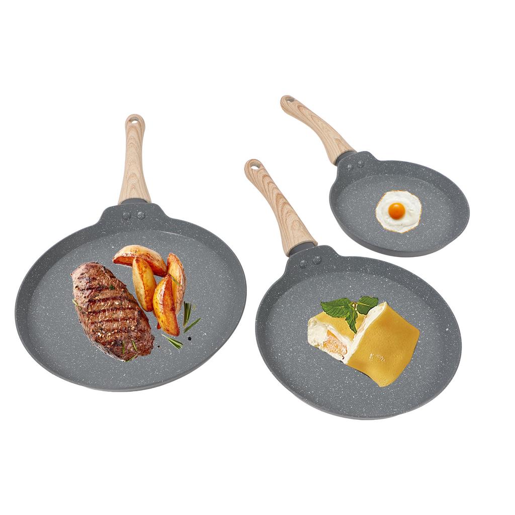 3PCS Frying Pan Set Grey 3 Sizes Multifunctional Maifan Stone Anti Stick with Wooden Handle Pancake 