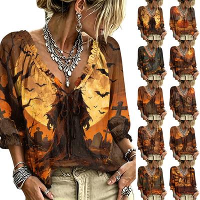Women's Halloween Print Tie Front Ruffle V Neck Blouse with