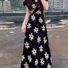 Elegant French Cinched Waist Black V-Neck Floral Summer Dress - Hepburn Style 2026