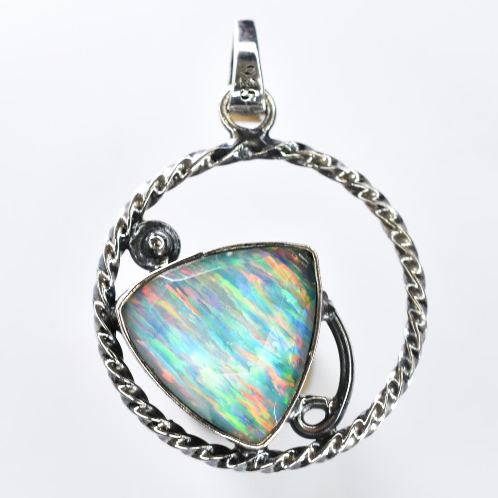 925 Sterling Silver CERTIFIED Natural Opal Trillion 30 Ct Gemstone Pendant