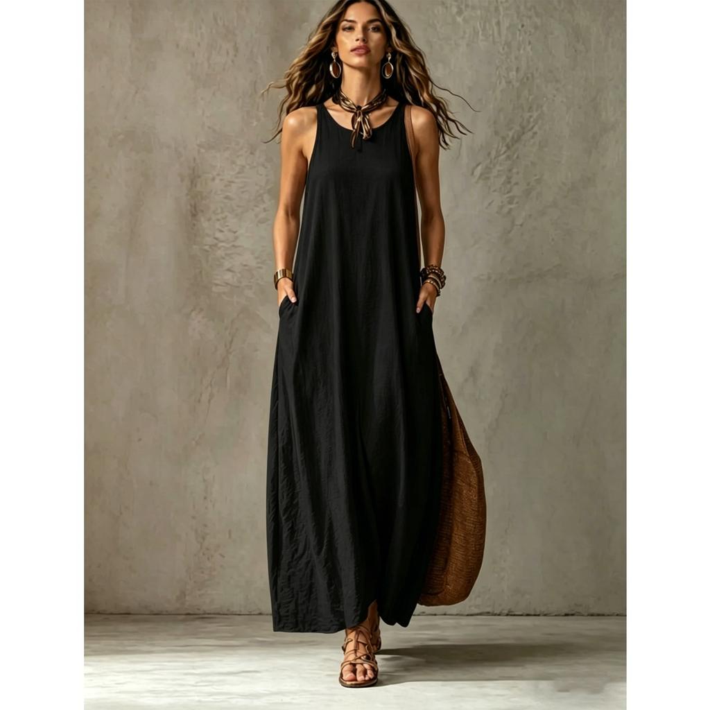 Women's Sleeveless Halter Neck Maxi Dress Loose Fit Solid Casual Long Dress