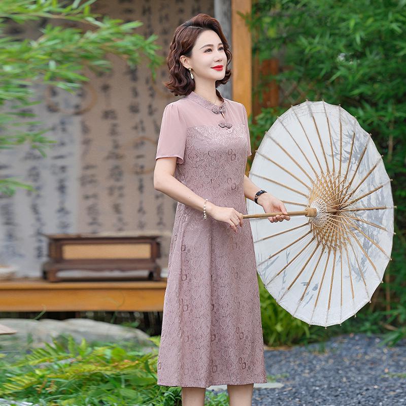 Rochie Qipao Elegantă de Vară cu Mânecă Scurtă, Șic, 2025, pentru Femei de Vârstă Mijlocie