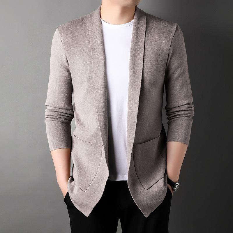 Autumn Mid-length Solid Color Men's Cardigan Suit Collar Knitted Jacket Young and Middle-aged Men's Loose Sweater Loose