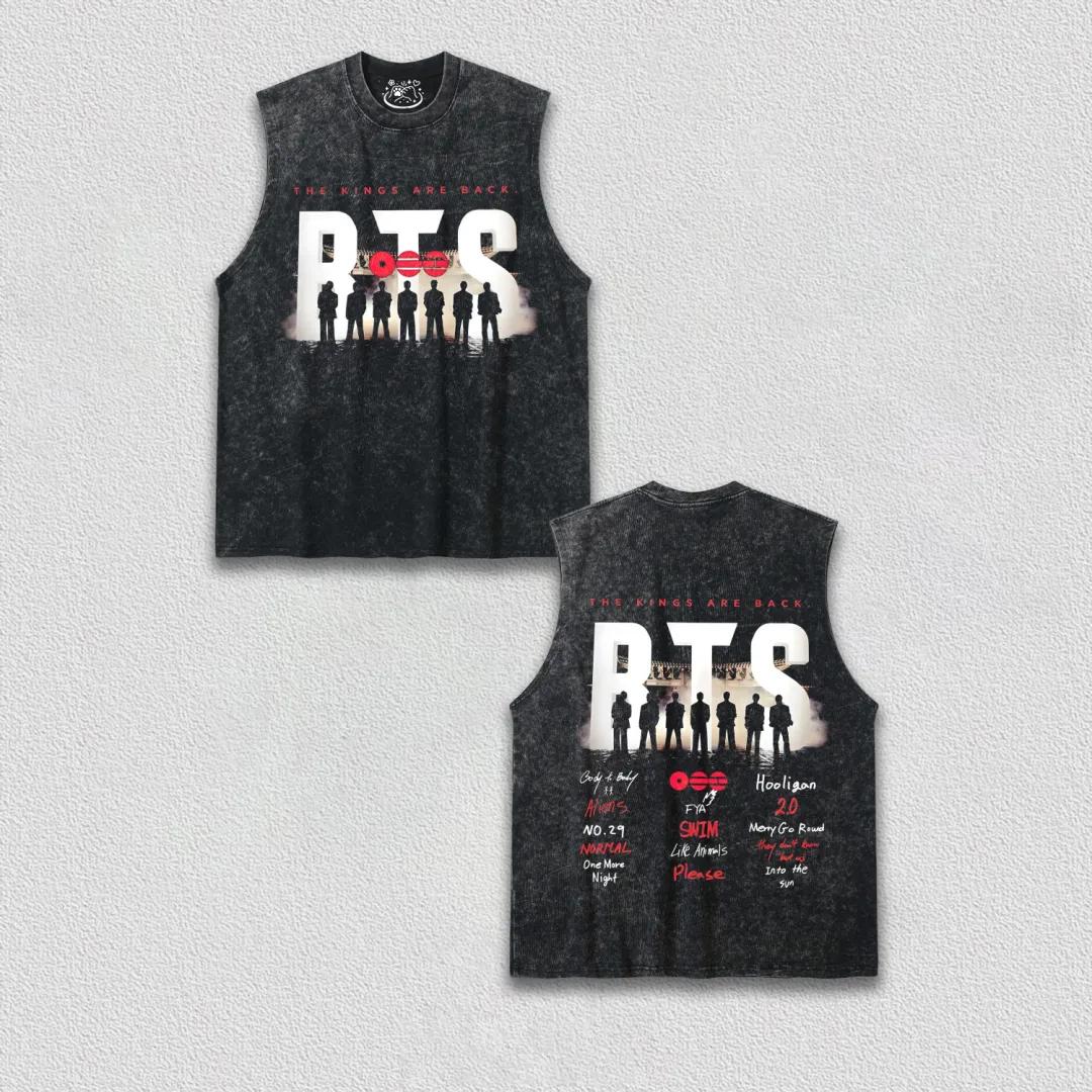 Korean boy band Graphic washed Vest summer Neck Short Sleeve Trendy Fan Casual cotton Y2K Loose shirt S