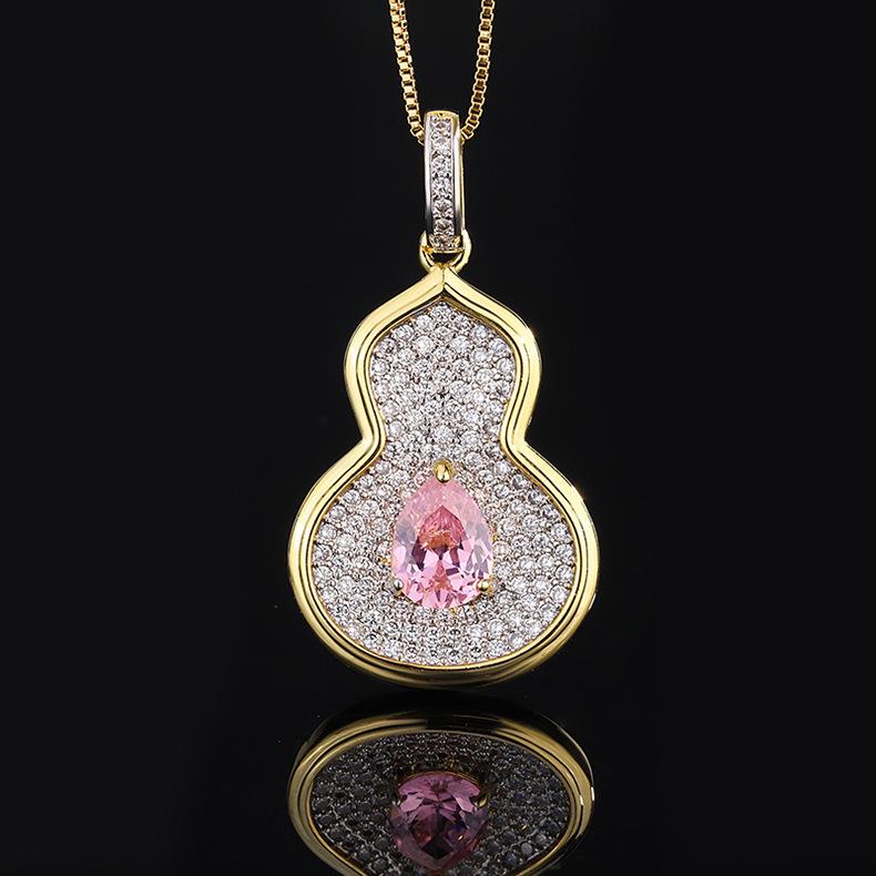 Fashionable Retro Color Treasure Necklace Gourd Pendant Inlaid With Zircon Emerald Collarbone Chain Women's Jewelry High-end