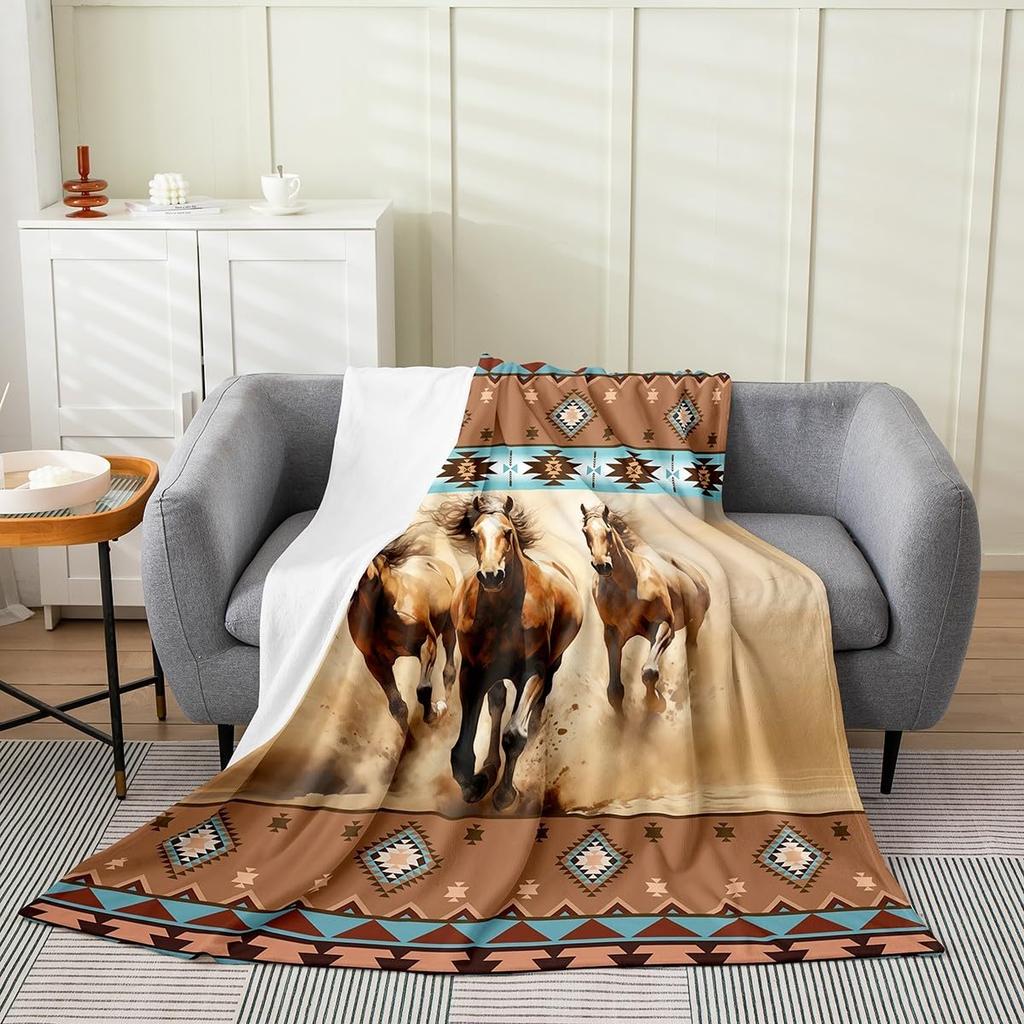Queen x All Season Galloping Horse Plush Throw Blanket for Sofa Couch Kids Southwestern Geometric Flannel Fleece Farmhouse