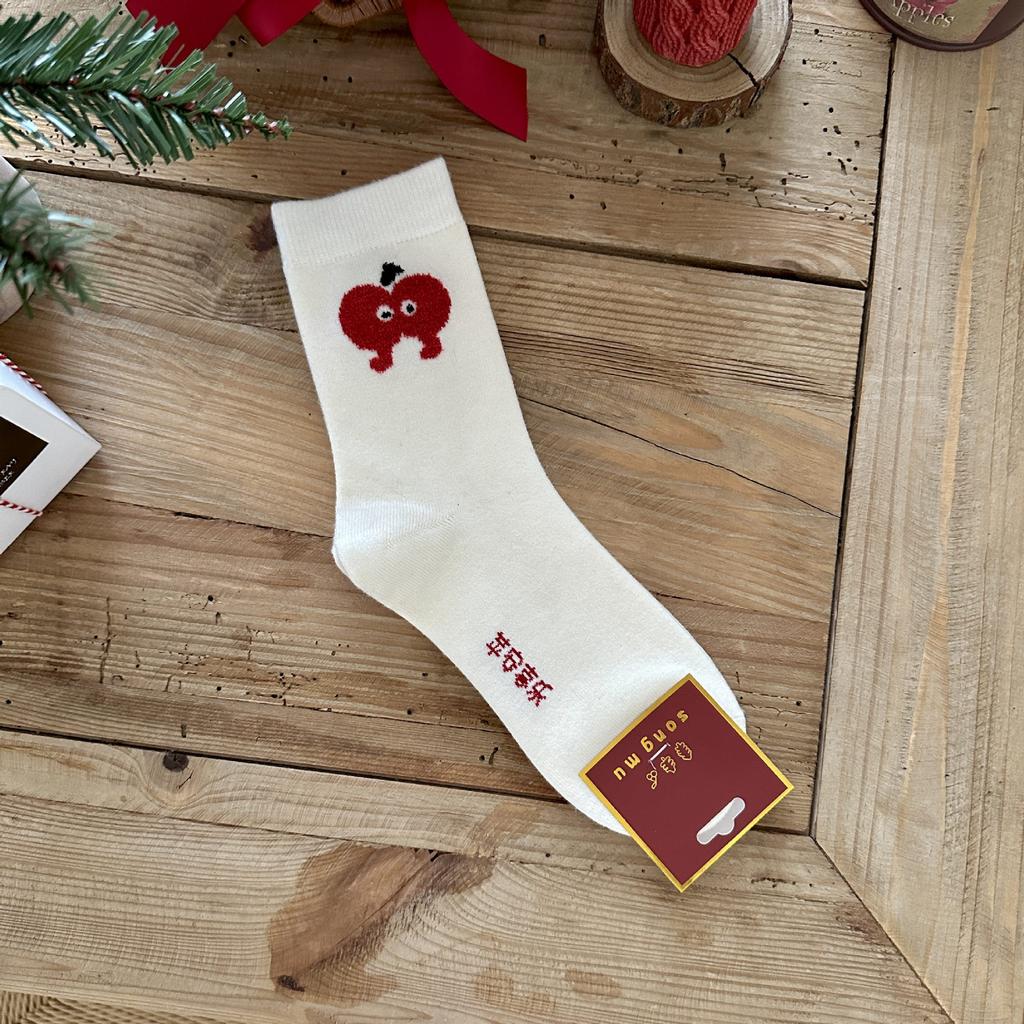 Songmu'S Ping An Xile Red Socks Polka Dot Medium Socks New Year'S Red Sox Niche Design Socks