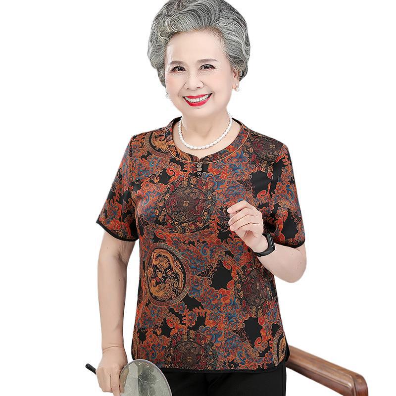 Elegant Summer Silk Blouse for Elderly Women - Short-Sleeved Noble Mother's Wear