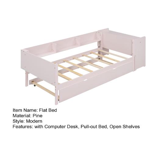 Single Bed 90x200cm Flat Bed Children Sofa with Pull-Out Computer Desk Three Shelves on The Side of Pink