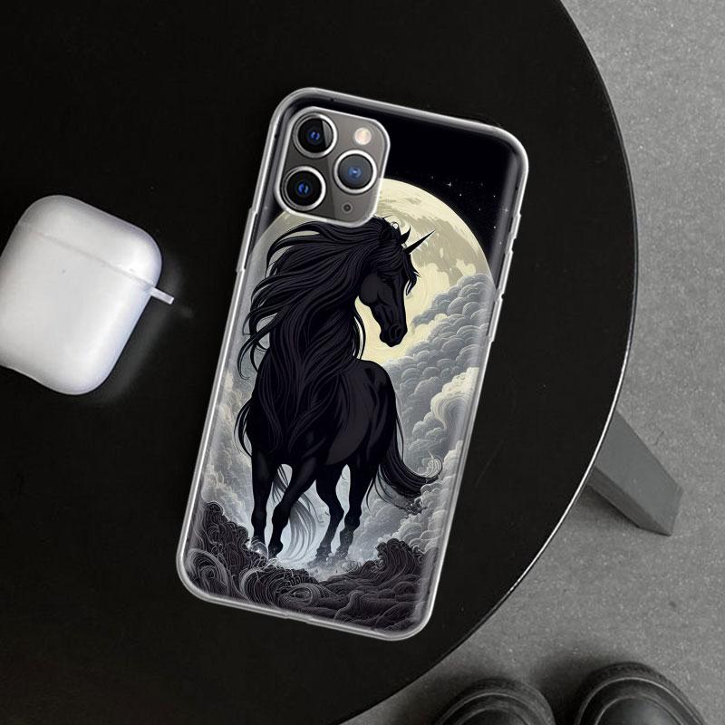 Animal Black Horse Phone Case Cover for iPhone 11 12 13 Mini 14 15 Plus 16 Pro Max 17 Air 7 8 + SE Art Customized Fundas 11 12 1