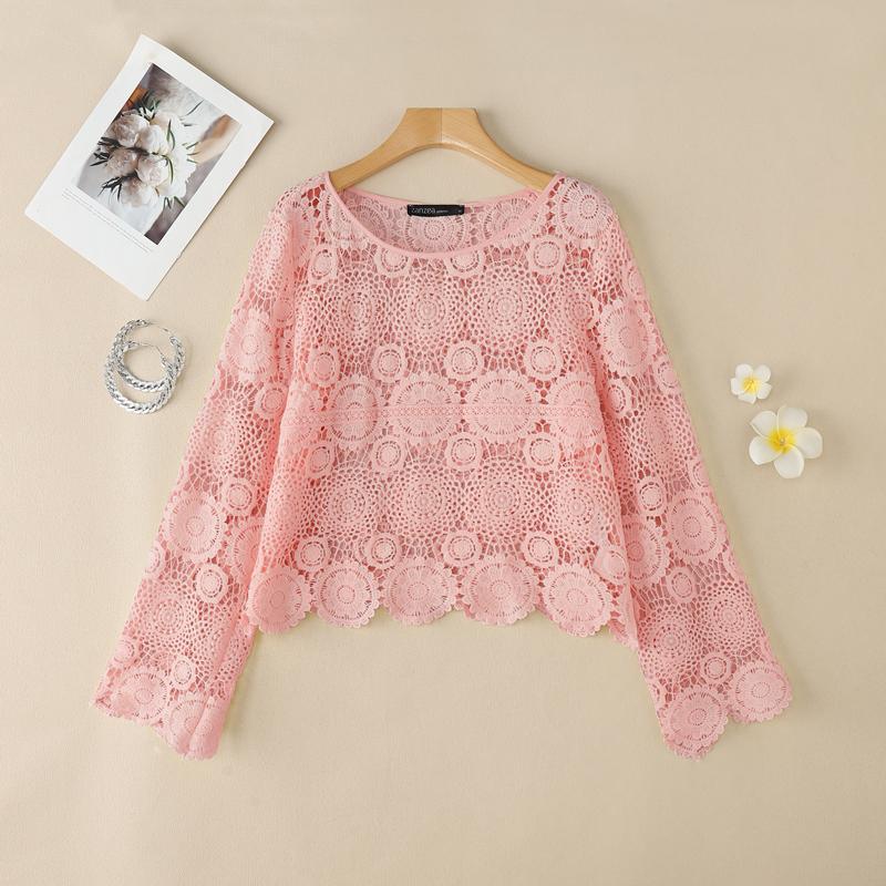 

ZANZEA Женская летняя блузка с длинным рукавом, ажурная, вязаная крючком, накидка XL розовый