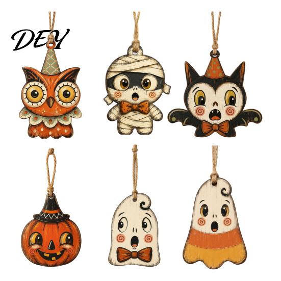 Holz Halloween Wanddekorationen 6 Stück Vintage Ornamente für Baumdekorationen, Schwarze Katze Kürbis Ausschnitt Natürliches Juteseil Hängende Dekoration Eulen Anhänger, Retro