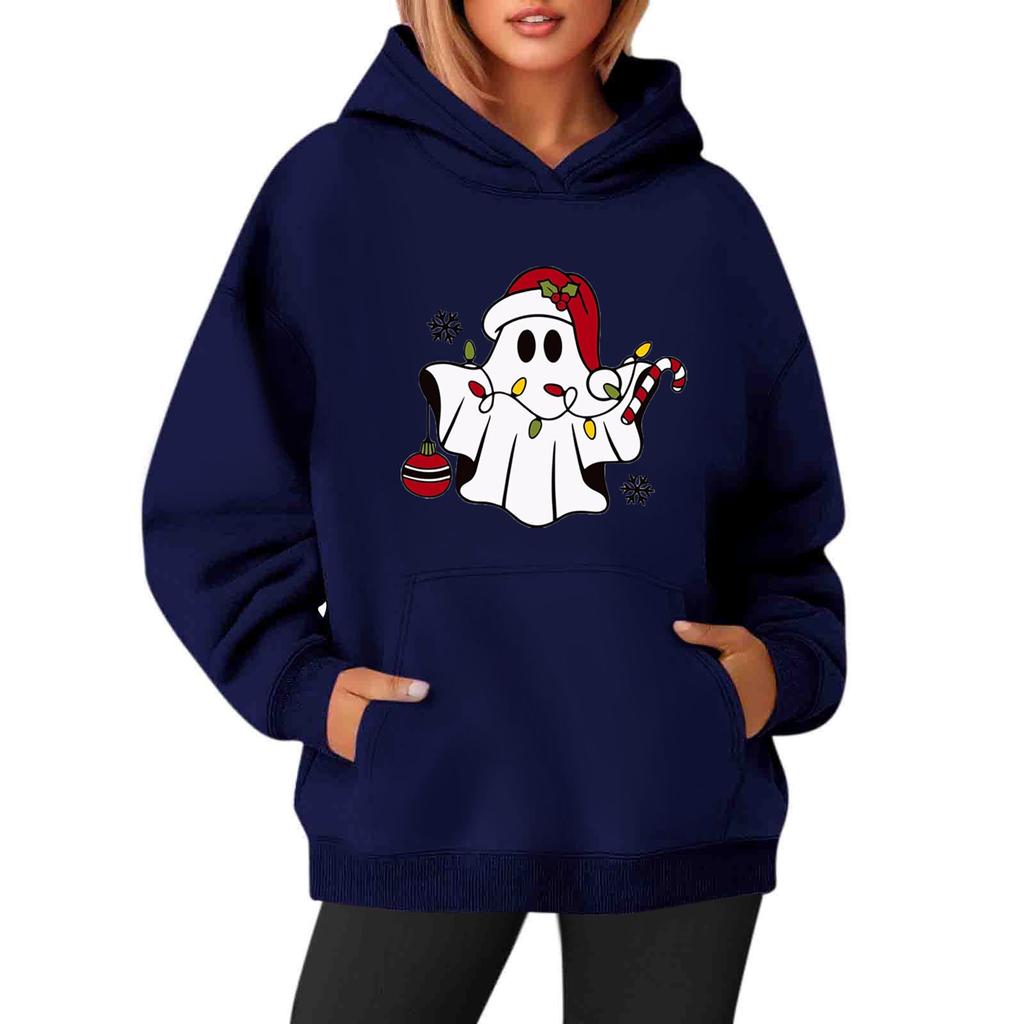 Women's Sweatshirts O-neck Long Sleeve Christmas Printed Top Solid Color Hoodie