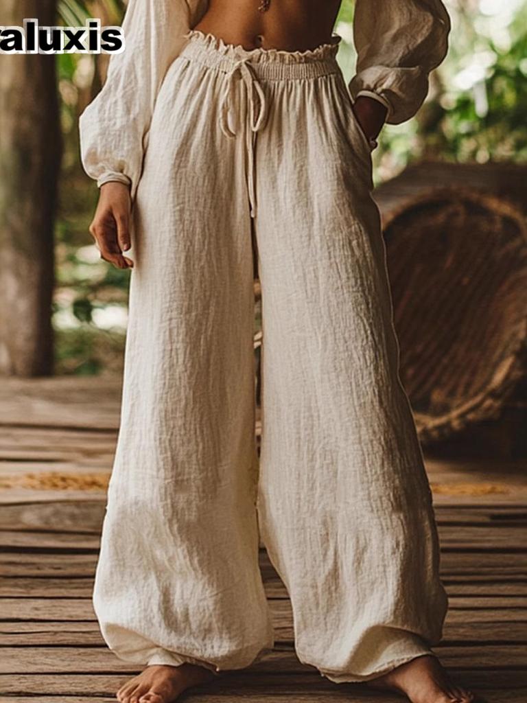 Autumn New Women's Pants Solid Color Fashion Casual Loose Bohemian Pocket Drawstring Elastic Waist Wide Leg Pants