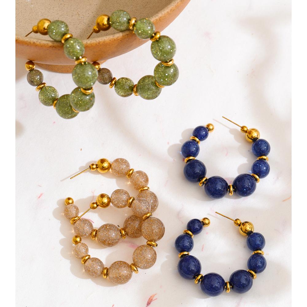 Eetit Resin Round Beads Chain C-Shape Huggie Earrings for Women Stainless Steel Handmade Fashion Trendy France Jewelry Wholesale