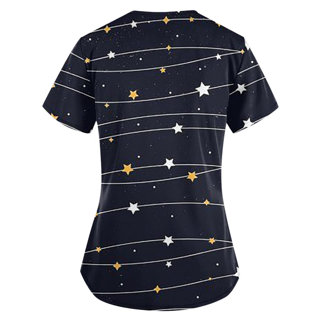 Damenmode V-Ausschnitt Kurzarm Arbeitskleidung mit Taschen Bedruckte Oberteile Sommeroberteile für Frauen