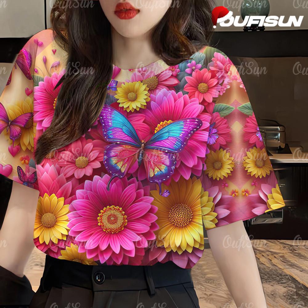 

Hawaiian Short Sleeve Loose Fit T-Shirt - Colorful Floral Print for Plus Size Women XS