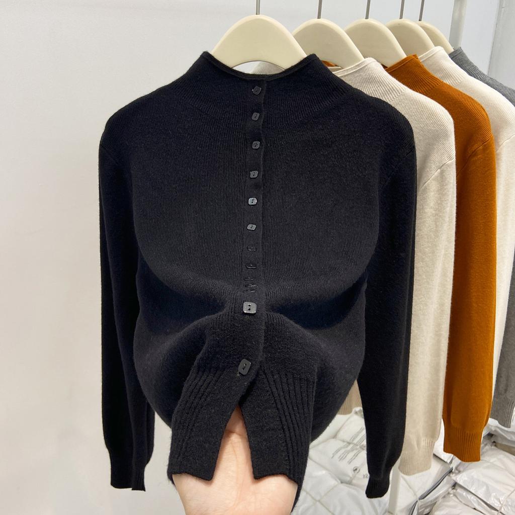 Premium Gray Autumn and Winter Stacked Wear Semi-turtleneck Long-sleeved Sweater Lazy Style Loose Casual Knitted Cardigan Top Women's Outfit