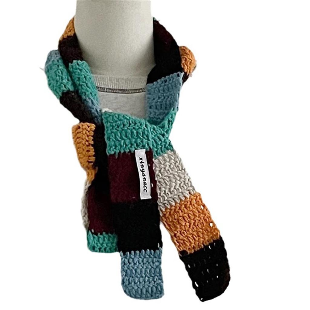 Women's Colorful Striped Scarf Knit Woolen Warm Color Contrast Long Narrow Scarves Sausage Thin Scarf Winter Neckerchief