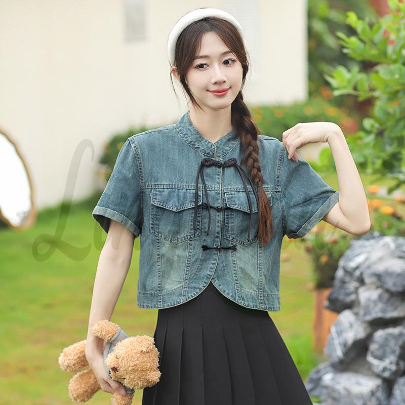 Summer Retro Chinese Style Irregular Denim Vest with Frog Buttons M
