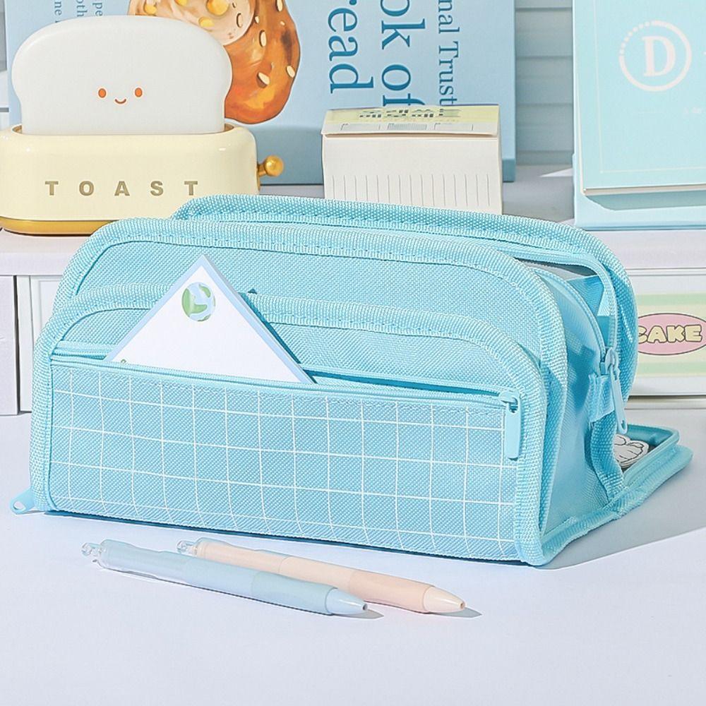 Simple Checkered Pencil Case Large Capacity Multi-layer Pen Bags Triangle Pencil Bag School Supplies
