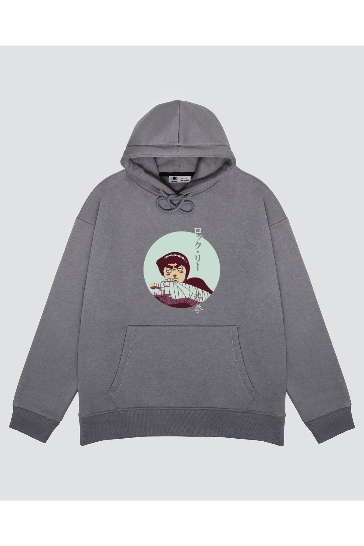 

Unisex Gri Kapşonlu Sweatshirt Rock Lee - Drunken Fist