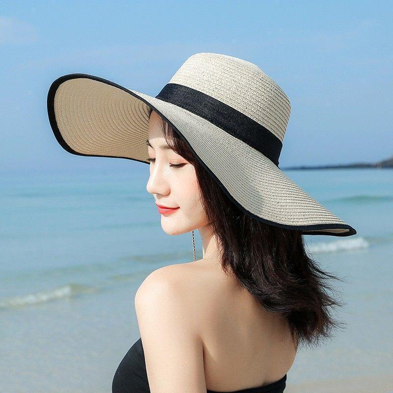 Strohhut Damen Sommer Sonnenhut Koreanische Version Modisch Strand Sonnenhut Großer Schirm Sonnenschutz UV-Schutz Faltbarer Strandhut