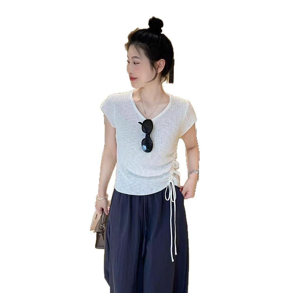 Chic Blue Flutter Sleeve Ice Silk Knitted Women's Summer Drawstring Top