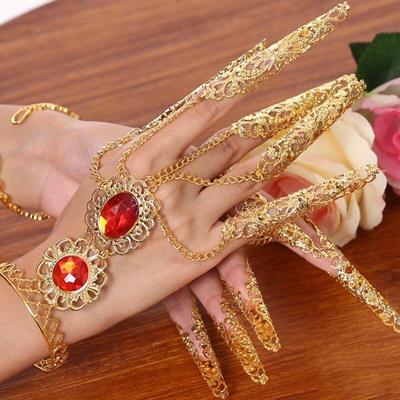 1Pc Vintage Bracelet for Women Girl Red Crystal Paved Bracelets 5Pcs Long Fake Nails for India Thailand Ethnic Dance Jewelry