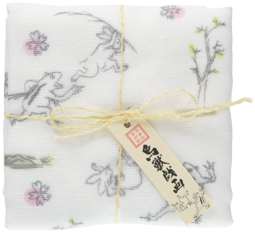 Maruzen bleached gauze 28 x 28 cm 8-ply handkerchief, Choju-giga (animal caricatures) design,