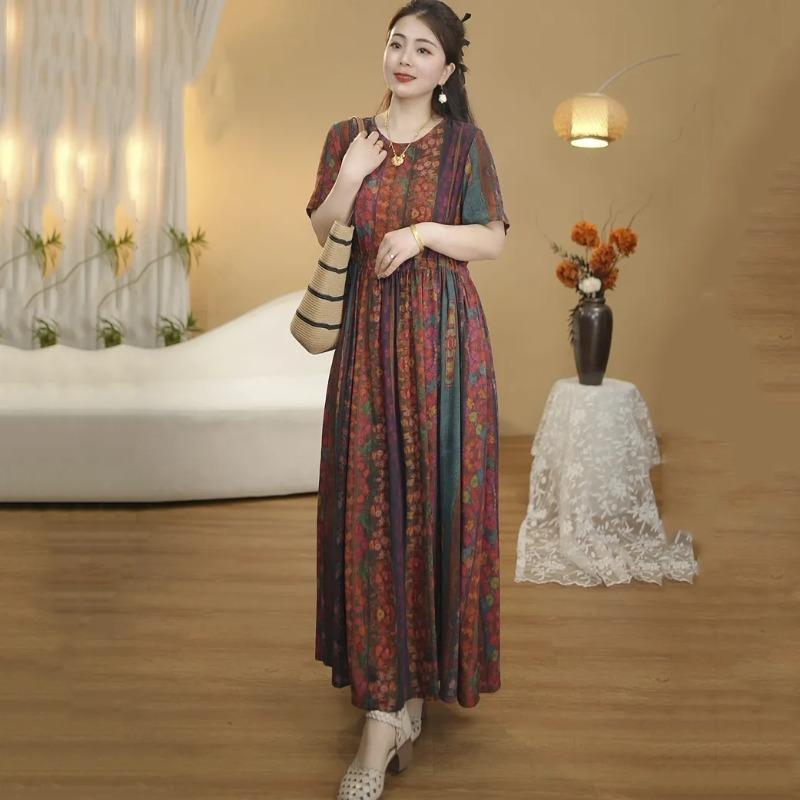 Women s Bohemian Floral Print Maxi Dress Round Neck Short Sleeve Casual Long Dress with Pockets L бежевый