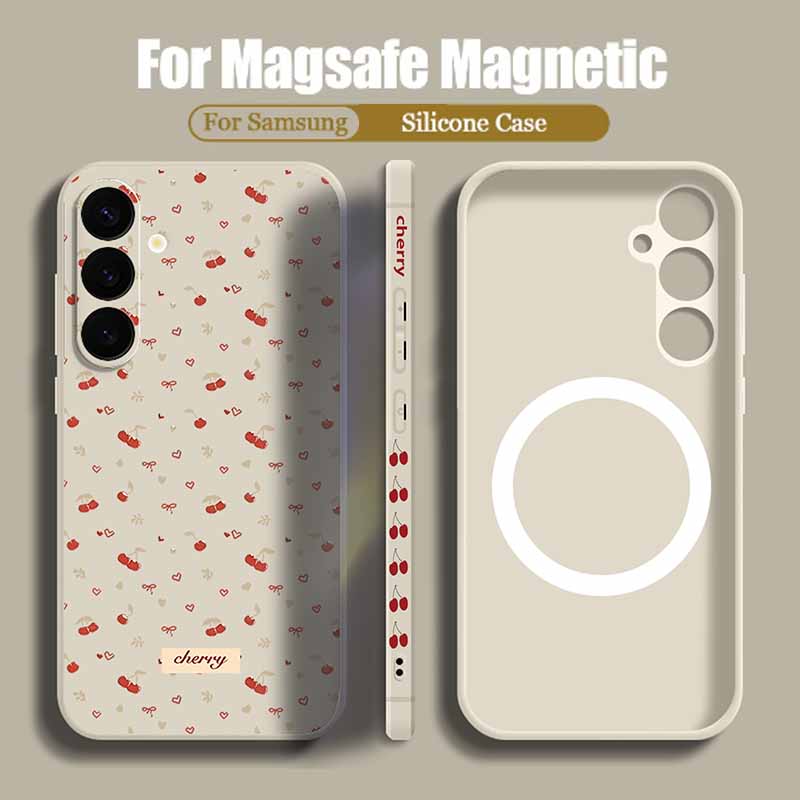 Magnetic Cherry Bow Print Case For Samsung Galaxy S25 S24 FE S24 S23 S22 Ultra Plus For Magsafe Wireless Charge Soft Phone Cover