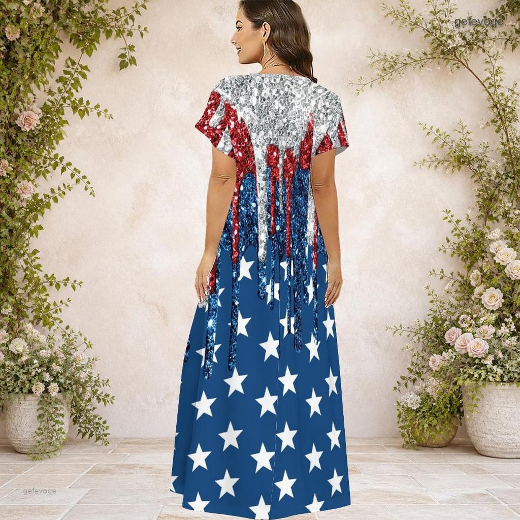 Women Plus Size V Neck Short Sleeve Polka Dot Printed White Black Straight Maxi Dress