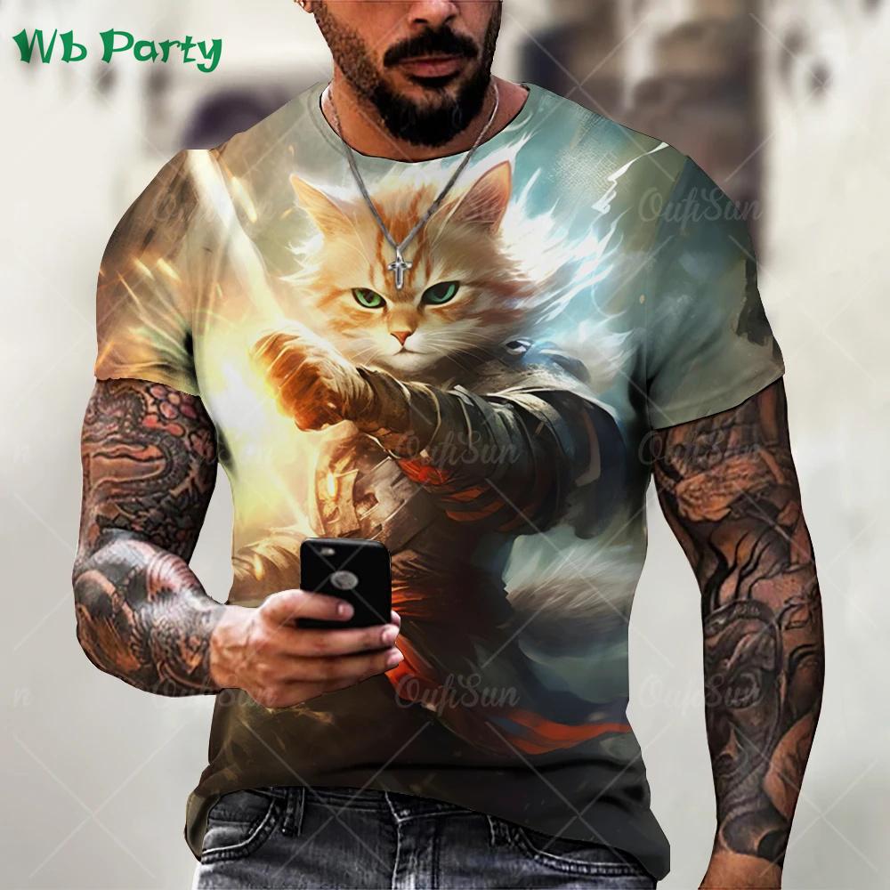Summer Round Neck Funny Animal Samurai Cat Pattern 3D Print Top Fashionable Casual Short Sleeved Men's T-shirts