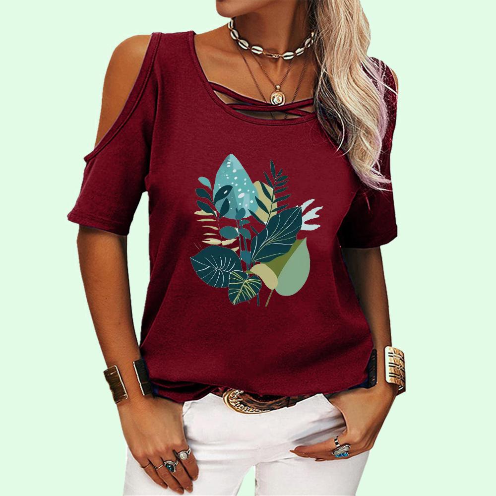 Women Fashion Round Neck Top Summer Off Shoulder Tee Shirt Casual Floral Print Short Sleeve T-shirt